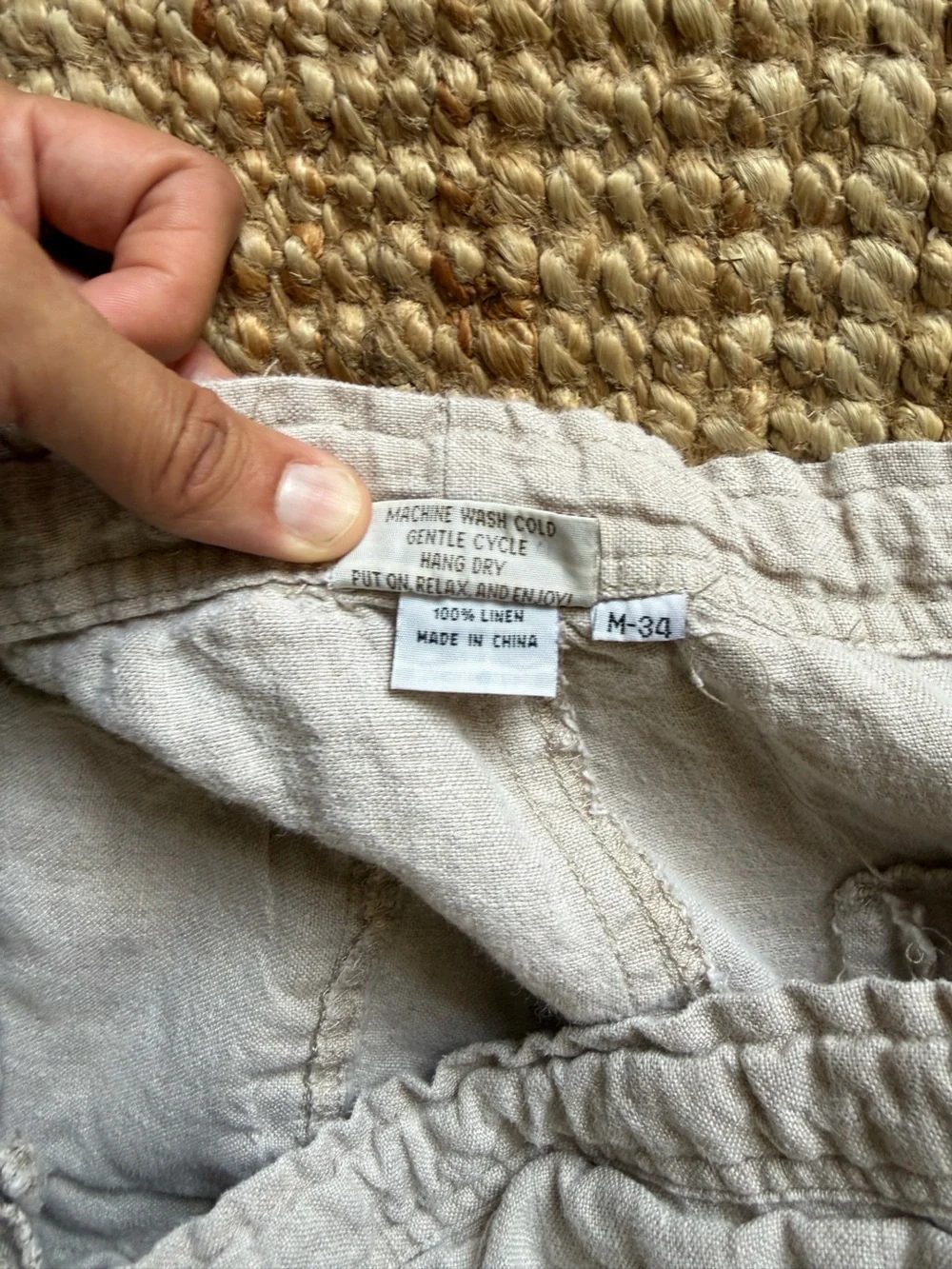 Men’s 100% Linen Relaxed Fit Cargo Pants Beige Drawstring Waist